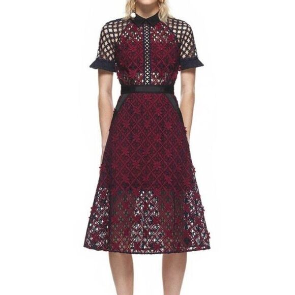 Self-Portrait Floral Grid Midi Dress Lace Collared US 2 UK 6 Extra Small - Picture 1 of 8
